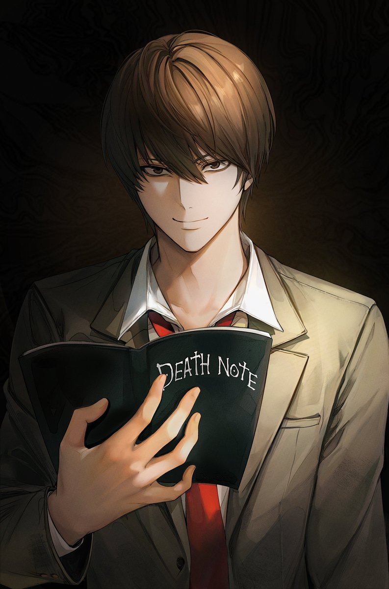 1boy arm_up book brown_eyes brown_hair closed_mouth collared_shirt commentary_request death_note death_note_(object) hair_between_eyes highres holding holding_book jacket korean_commentary lapels layered_sleeves long_sleeves male_focus necktie notched_lapels onmoynn open_book red_necktie shirt short_hair smile solo suit_jacket white_shirt wing_collar yagami_light