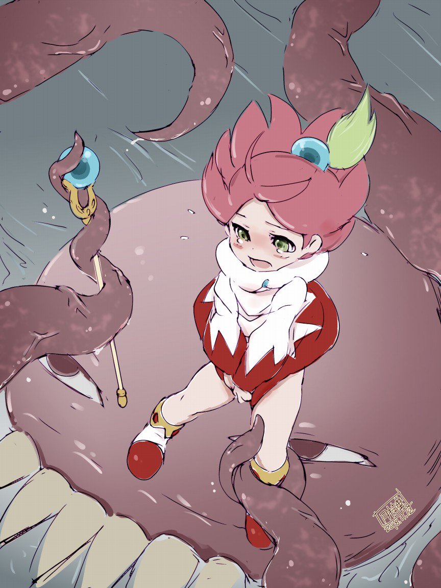 1girl ahoge artist_name blush dated final_fantasy final_fantasy_fables full_body gekkeiyou green_eyes jewelry looking_at_viewer open_mouth pink_hair robe shirma short_hair staff tearing_up ultros white_mage_(final_fantasy)