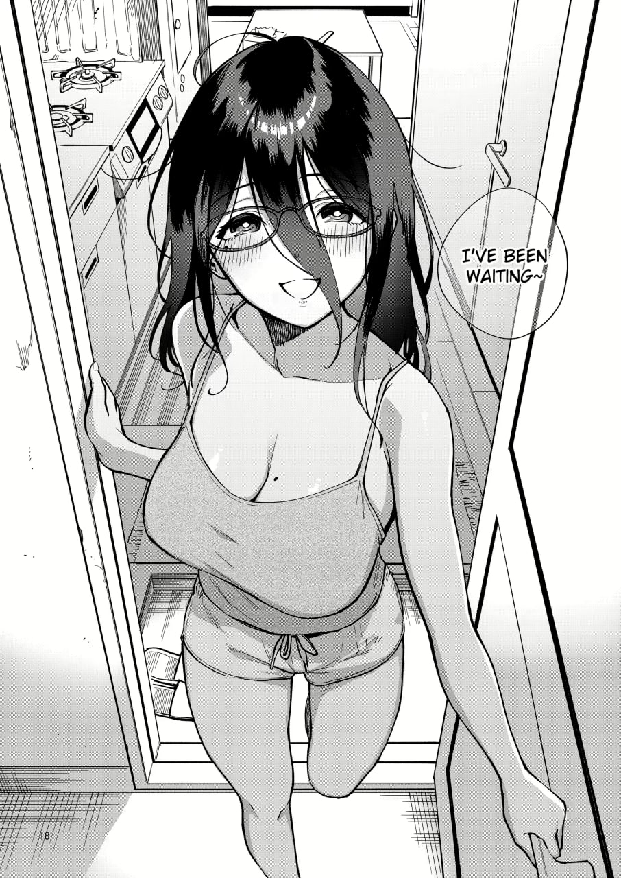 ayane-san breasts camisole english_text glasses hair_between_eyes herio highres large_breasts mole mole_on_breast monochrome opening_door stove