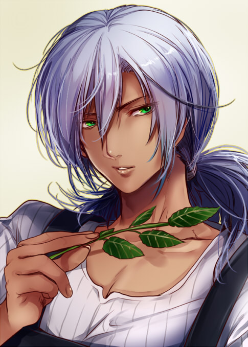 1boy apron black_apron collarbone commentary_request dark-skinned_male dark_skin green_eyes grey_hair hair_between_eyes hayama_akira hazuki_tooya holding holding_plant long_hair looking_to_the_side low_ponytail male_focus parted_lips plant ponytail portrait shirt shokugeki_no_souma solo white_shirt yellow_background