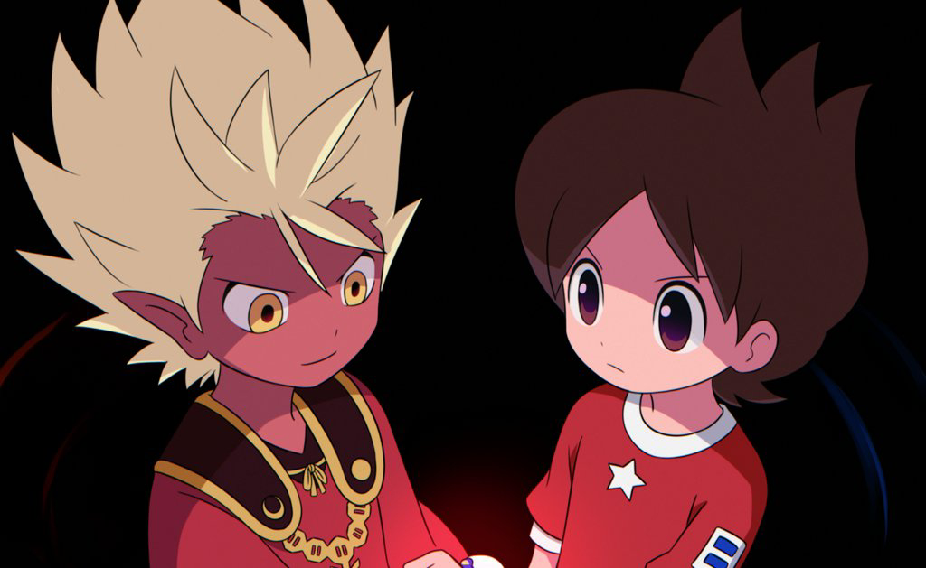 2boys amano_keita black_background blonde_hair brown_eyes brown_hair closed_mouth cowlick dark-skinned_male dark_skin enma_daiou_(youkai_watch) flipped_hair kokouemae light_frown light_smile male_focus multiple_boys pointy_ears portrait red_shirt shirt short_sleeves side-by-side spiked_hair three_quarter_view underlighting v-shaped_eyes yellow_eyes youkai_(youkai_watch) youkai_watch