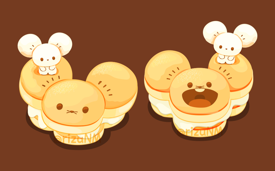 :d artist_name brown_background brown_eyes character-themed_food commentary_request cream food looking_at_viewer nintendo no_humans open_mouth pancake pokemon pokemon_(creature) rizu_(rizunm) round_teeth simple_background smile solid_oval_eyes tandemaus teeth twitter_username upper_teeth_only