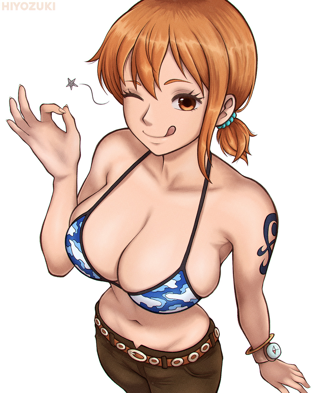 1girl ;q arm_tattoo belt bikini bikini_top_only bracelet breasts brown_pants cleavage cowboy_shot highres hiyozuki jewelry large_breasts log_pose money_gesture nami_(one_piece) nami_(one_piece)_(skypiea) navel one_eye_closed one_piece pants shoulder_tattoo solo stomach swimsuit tattoo tongue tongue_out white_background wink