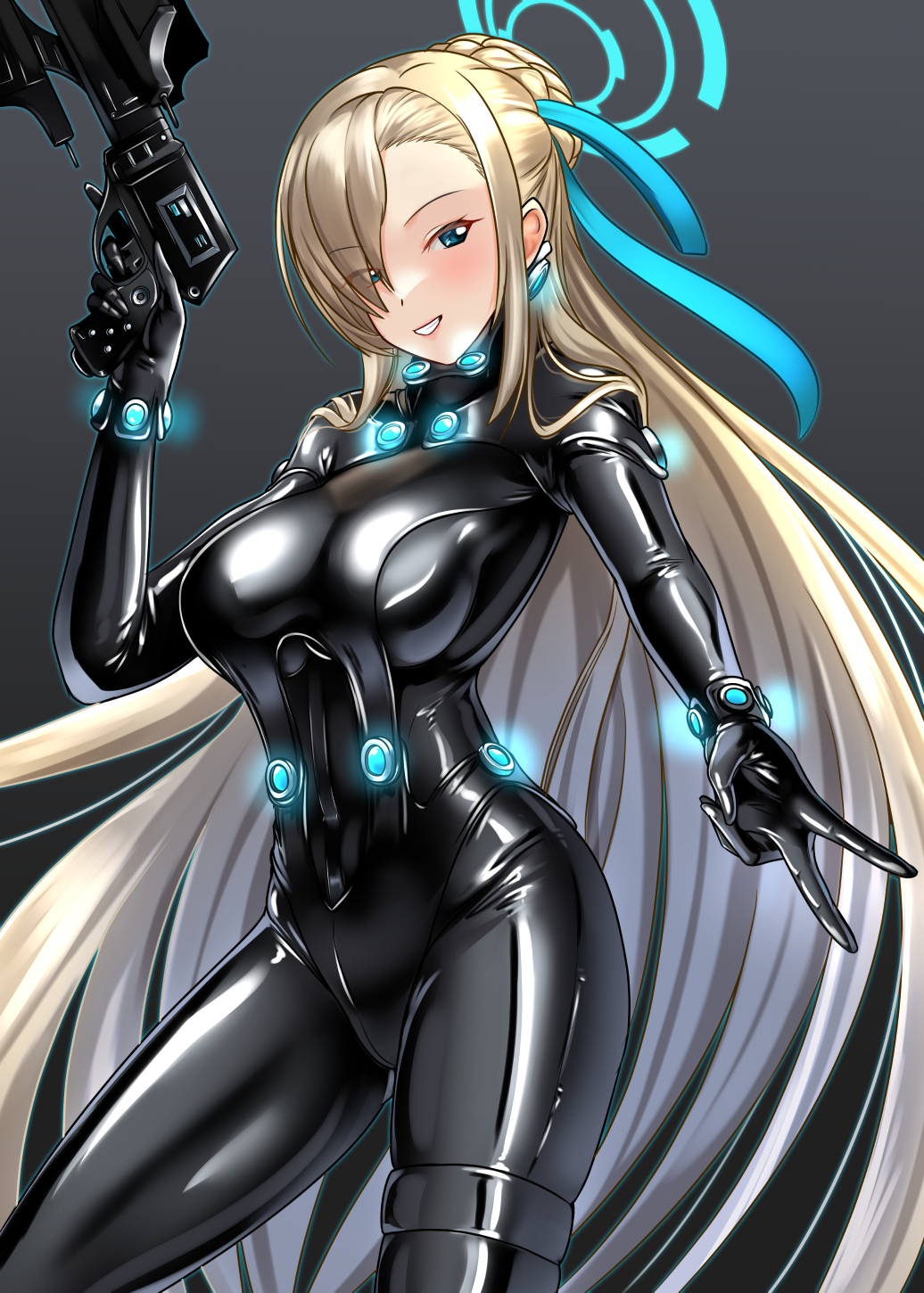 1girl asuna_(blue_archive) black_bodysuit blue_archive blue_eyes blush bodysuit breasts energy_gun gantz gantz_suit gun hair_over_one_eye halo highres holding holding_gun holding_weapon impossible_bodysuit impossible_clothes large_breasts latex latex_bodysuit long_hair looking_at_viewer neon_lights neon_trim shiny_clothes skin_tight smile solo very_long_hair wata_nuki weapon