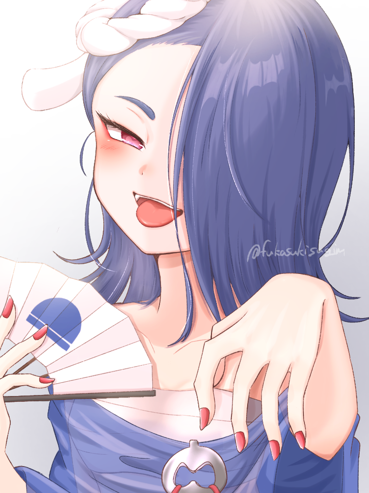 1girl blue_hair blue_shawl cephalopod_eyes chest_sarashi commentary_request folding_fan fukasukisugiru hair_over_one_eye hairband hand_fan holding holding_fan medium_hair nintendo octoling print_folding_fan red_eyes red_nails red_pupils sarashi shawl shiver_(deep_cut_outfit)_(splatoon) shiver_(splatoon) short_eyebrows solo splatoon_(series) splatoon_3 thick_eyebrows tongue tongue_out upper_body white_hairband