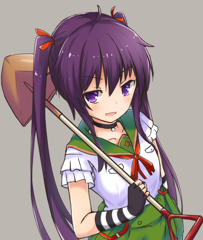 1girl 53c_(ray_cordova) :d black_gloves choker collarbone ebisuzawa_kurumi female_focus fingerless_gloves gakkou_gurashi! gloves green_skirt grey_background hair_between_eyes hair_ribbon holding long_hair looking_at_viewer neck_ribbon open_mouth purple_eyes purple_hair red_ribbon ribbon school_uniform shirt short_sleeves shovel simple_background skirt smile solo star_(symbol) star_print striped_clothes striped_gloves twintails very_long_hair white_shirt worktool