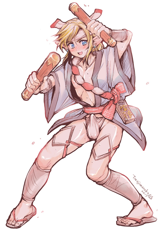 1boy 2017 arm_guards blonde_hair blue_eyes blush bulge cosplay drum_master_(granblue_fantasy) drumsticks erection erection_under_clothes fundoshi gran_(granblue_fantasy) gran_(granblue_fantasy)_(cosplay) granblue_fantasy hachimaki happi headband japanese_clothes link male_focus male_underwear nintendo nipple_slip nipples pointy_ears ponytail sheikah_slate shin_guards short_hair sidelocks solo sweat taiko_sticks the_legend_of_zelda torajimaneko white_male_underwear