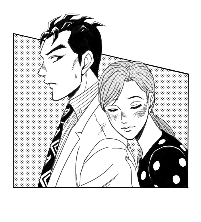 1boy 1girl blush cheekbones couple diamond_wa_kudakenai dress formal_clothes hage_tashuumi halftone hetero husband_and_wife jojo_no_kimyou_na_bouken kawajiri_kosaku kawajiri_shinobu necktie official_style polka_dot polka_dot_dress ponytail profile suit sweatdrop
