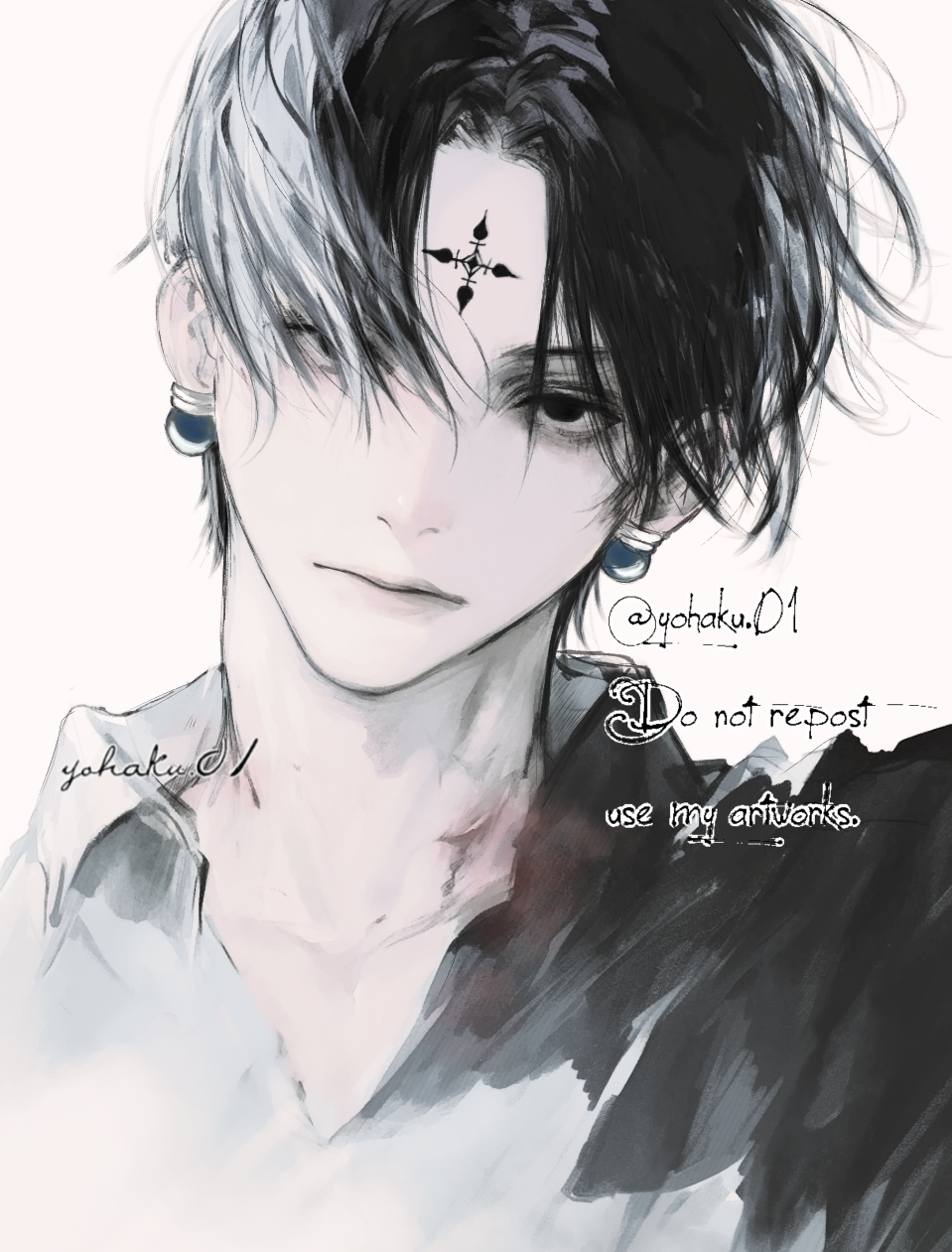 1boy black_eyes black_hair chrollo_lucilfer earrings facial_tattoo highres hunter_x_hunter jewelry looking_at_viewer male_focus shirt short_hair signature tattoo twitter_username watermark white_background yohaku_01