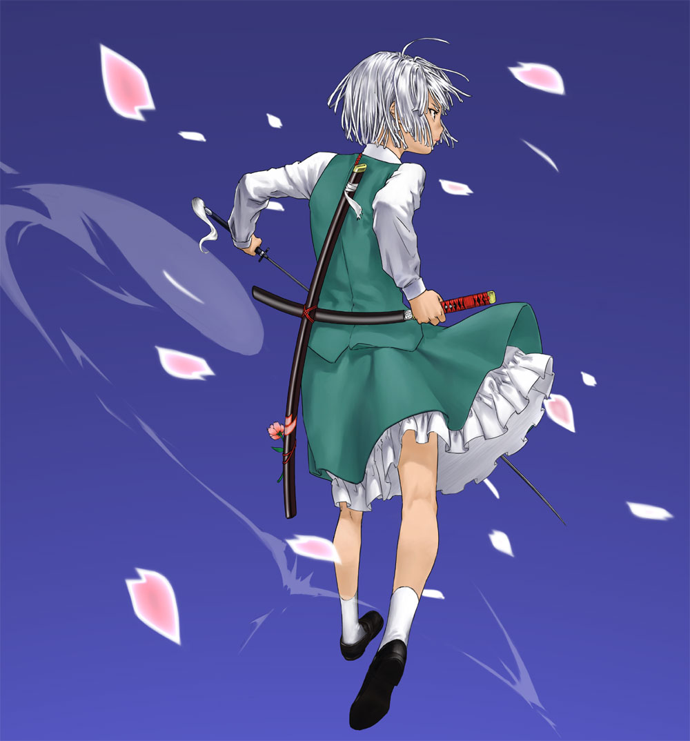 1girl back black_shoes blue_background collared_shirt female_focus from_behind ghost katana kneepits konpaku_youmu konpaku_youmu_(ghost) long_sleeves looking_to_the_side muhamado petals shirt shoes short_hair silver_hair simple_background solo standing sword touhou walking weapon white_legwear white_shirt wind
