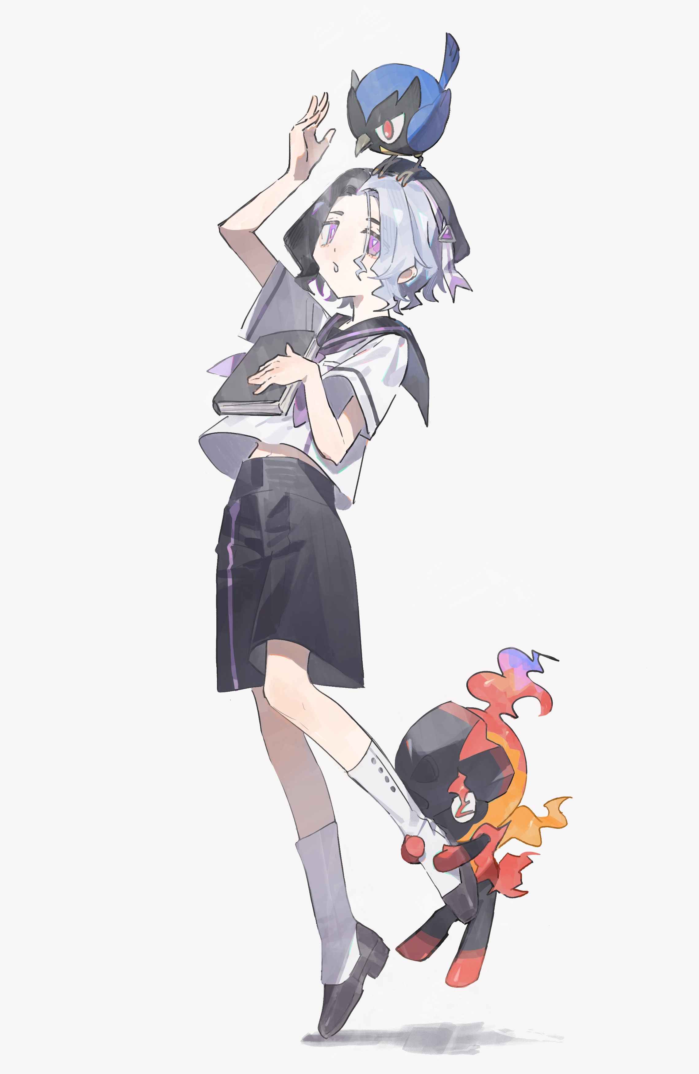 1boy absurdres aged_down amethio_(pokemon) arm_up beret black_hat black_shorts book charcadet commentary_request gen_8_pokemon hat hazel_maier highres holding holding_book male_focus nintendo on_head parted_lips pokemon pokemon_(anime) pokemon_(creature) pokemon_horizons pokemon_on_head purple_eyes rookidee sailor_collar school_uniform shirt shoes short_sleeves shorts socks white_shirt white_socks