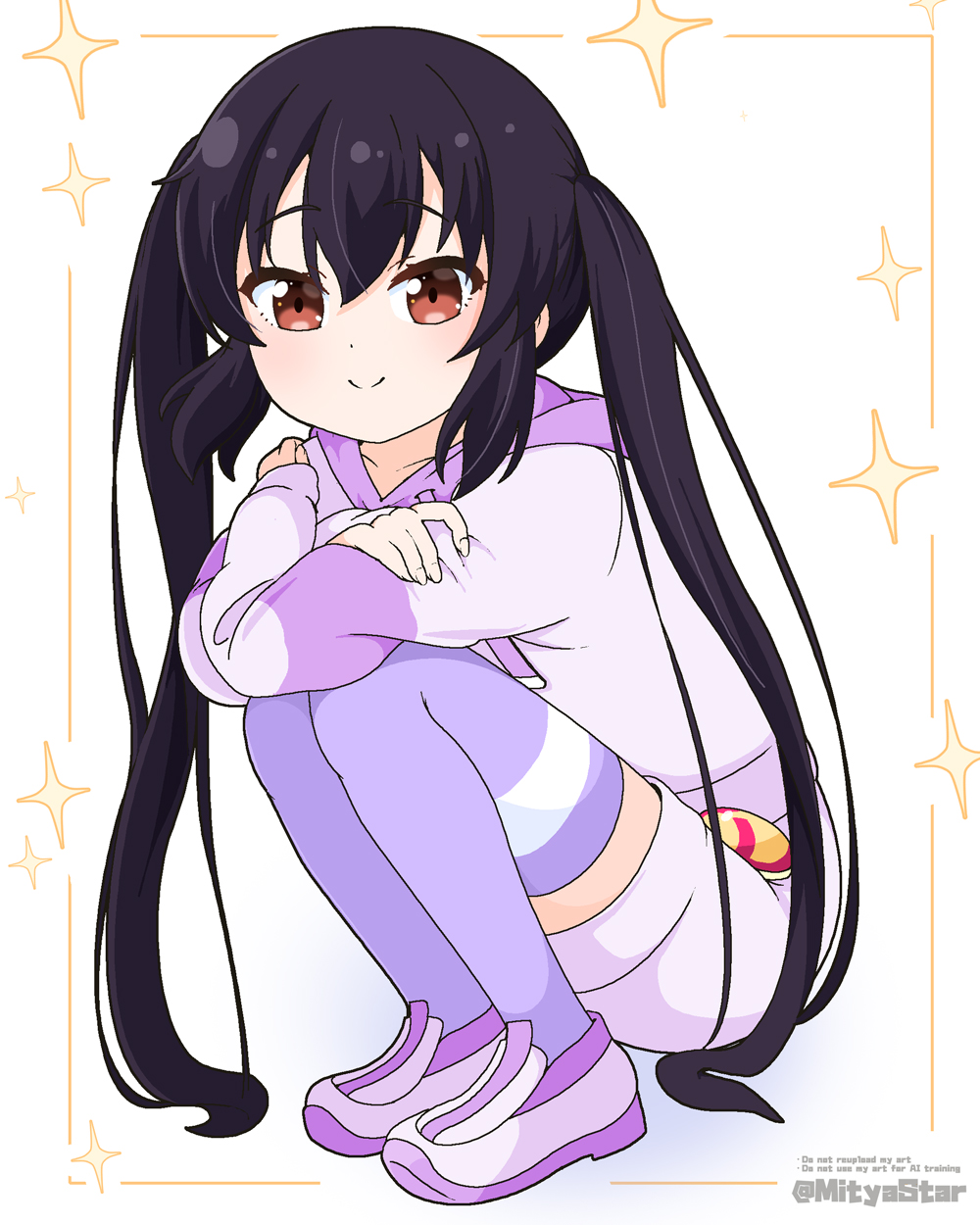 1girl artist_name black_hair brown_eyes closed_mouth collarbone dot_nose english_text female_focus full_body hair_ornament highres hood k-on! long_hair looking_at_viewer mitya nakano_azusa shoes smile solo sparkle thighhighs twintails twitter_username