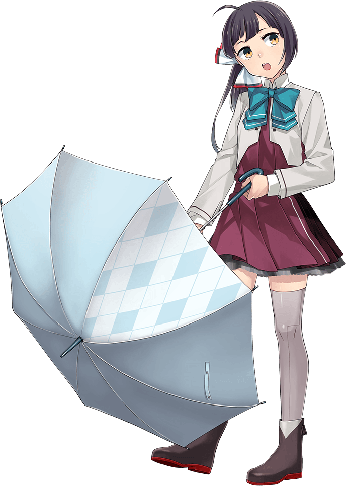1girl aqua_bow aqua_bowtie asymmetrical_bangs black_boots black_hair boots bow bowtie breasts cut_bangs dress fujikawa fujinami_(kancolle) fujinami_kai_ni_(kancolle) full_body grey_thighhighs hair_ribbon holding kantai_collection long_sleeves looking_at_viewer medium_hair official_art ribbon school_uniform seamed_legwear shirt side-seamed_legwear side_ponytail small_breasts smile solo thighhighs torpedo transparent_background umbrella white_ribbon white_shirt yellow_eyes