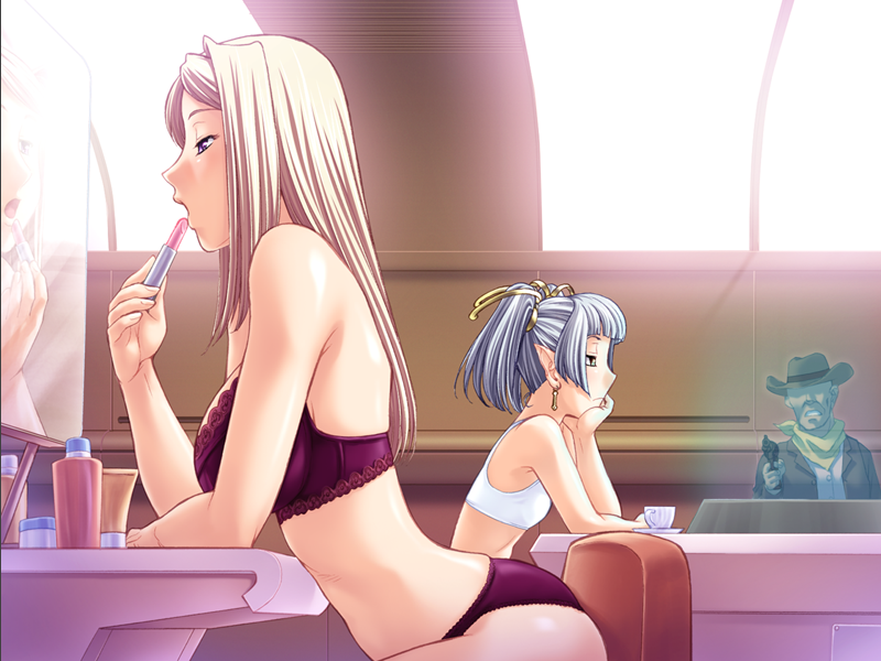 2girls blonde_hair blue_hair bra breasts iris_rebel large_breasts lingerie lipstick long_hair makeup meili_naceri mirror multiple_girls panties pointy_ears short_hair small_breasts soukou_kijo_iris underwear zol