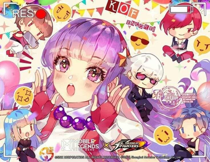 artist_name asamiya_athena balloon blue_eyes blue_hair chibi chris_(kof) confetti digital_camera emoji fingerless_gloves gloves hair_ornament hairband k&#039;_(kof) kula_diamond leona_heidern logo long_hair mobile_legends:_bang_bang multiple_boys multiple_girls open_mouth ponytail purple_hair red_gloves red_hair red_hairband shirt skunkyfly star_(symbol) star_hair_ornament string_of_flags sunglasses the_king_of_fighters white_hair white_shirt yagami_iori