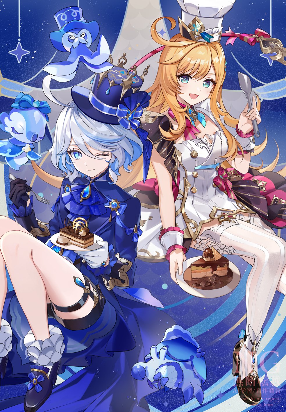 2girls ahoge asymmetrical_gloves black_gloves black_hat black_shoes black_shorts blonde_hair blue_bow blue_eyes blue_gemstone blue_hair bow cake cake_slice chef chef_hat closed_mouth dress drop-shaped_pupils escoffier_(genshin_impact) food fork furina_(genshin_impact) gem genshin_impact gloves grey_hair hat hat_bow heart heart_in_eye high_heels highres holding holding_fork holding_plate long_hair long_sleeves looking_at_viewer mismatched_gloves multicolored_hair multiple_girls open_mouth plate shoes short_hair shorts smile socks soraneko_hino streaked_hair symbol-shaped_pupils symbol_in_eye thigh_strap thighhighs top_hat white_dress white_gloves white_hat white_socks white_thighhighs white_wrist_cuffs wrist_cuffs
