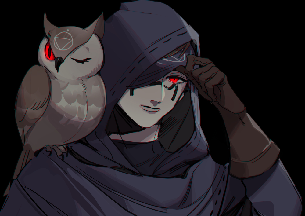 1boy animal animal_on_shoulder azaya_(kuroi_azaya) bird bird_on_shoulder black_background blindfold blindfold_lift brown_bird brown_gloves closed_mouth eli_clark facial_mark gloves hood hood_up identity_v looking_at_viewer male_focus one_eye_closed owl robe simple_background slit_pupils solo