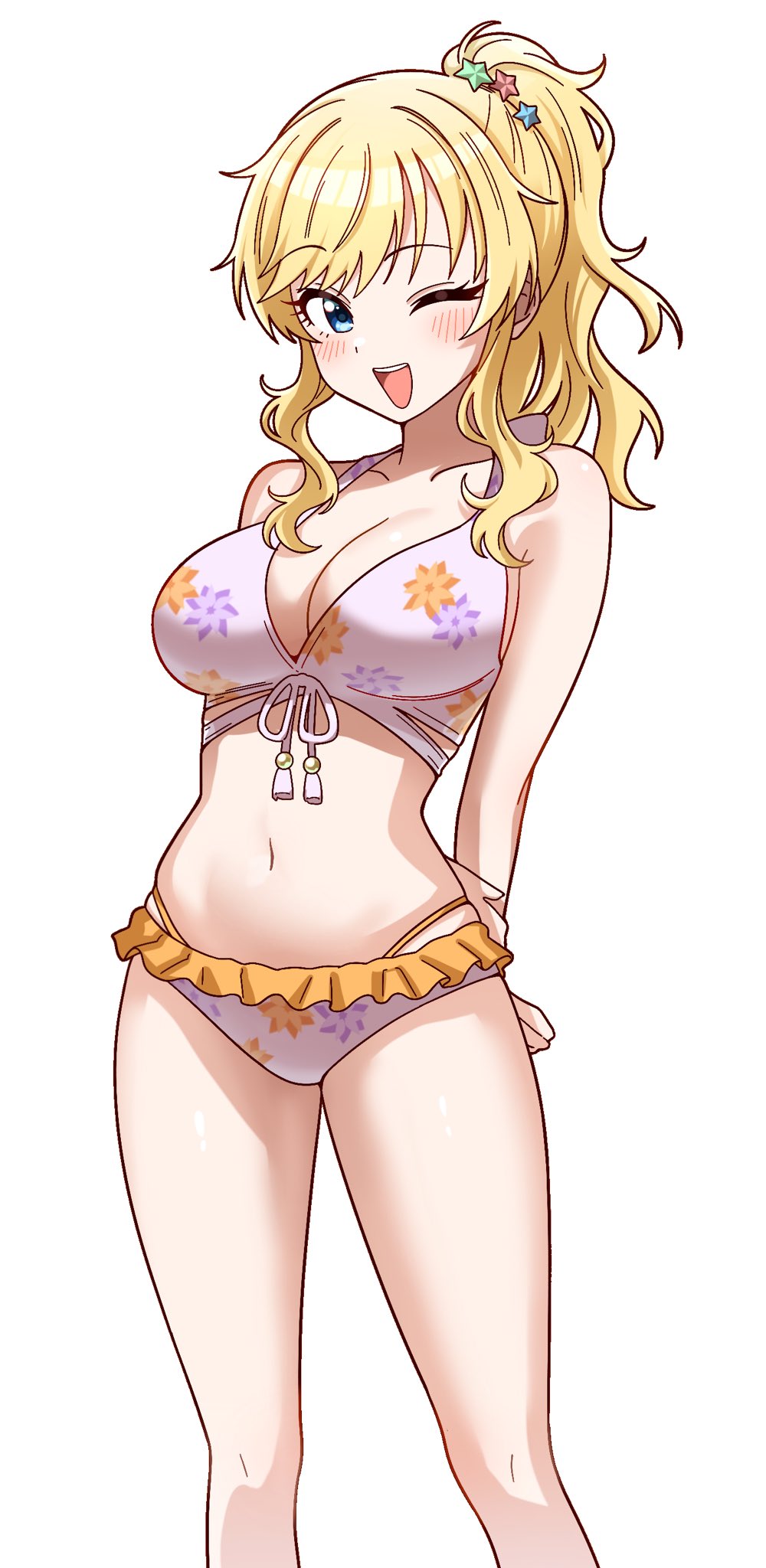 1girl bare_shoulders bikini blonde_hair blue_eyes blush breasts cleavage collarbone feet_out_of_frame frilled_bikini frills front-tie_bikini_top front-tie_top hair_ornament highres idolmaster idolmaster_cinderella_girls long_hair looking_at_viewer medium_breasts multicolored_bikini navel niban_(puka_0507) ohtsuki_yui one_eye_closed open_mouth orange_bikini ponytail purple_bikini smile solo swimsuit thighs wavy_hair
