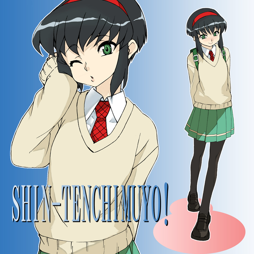 1990s_(style) 1girl amano_hosikawa backpack bag black_hair green_eyes hairband headband kumashiro_sakuya loafers miniskirt necktie one_eye_closed pantyhose pleated_skirt randoseru school_uniform shin_tenchi_muyou! shoes short_hair sidelocks skirt smile sweater tenchi_in_tokyo tenchi_muyou! wink