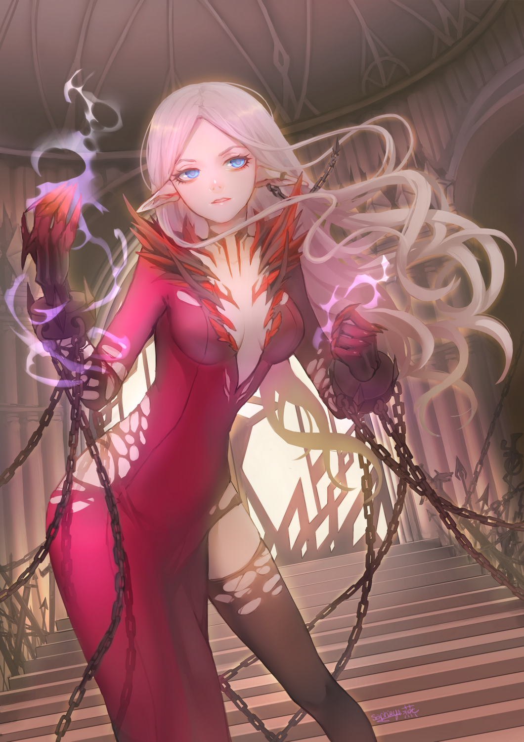 1girl blonde_hair blue_eyes chain contrapposto dress earrings elf female_focus highres jewelry long_hair looking_to_the_side magic parted_lips pointy_ears restrained saphirya solo standing thighhighs torn_clothes torn_thighhighs