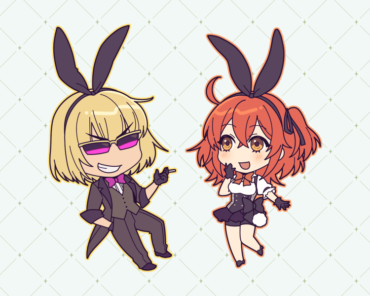 1boy 1girl black_gloves black_jacket black_ribbon blonde_hair bow bow_hairband bowtie chibi chibi_only cigarette fate/grand_order fate_(series) fujimaru_ritsuka_(female) gloves grey_vest grin hairband jacket no_nose open_mouth orange_eyes orange_hair purple_bow purple_bowtie ribbon sakata_kintoki_(fate) shirt smile sunglasses tailcoat vest white_shirt zanshi