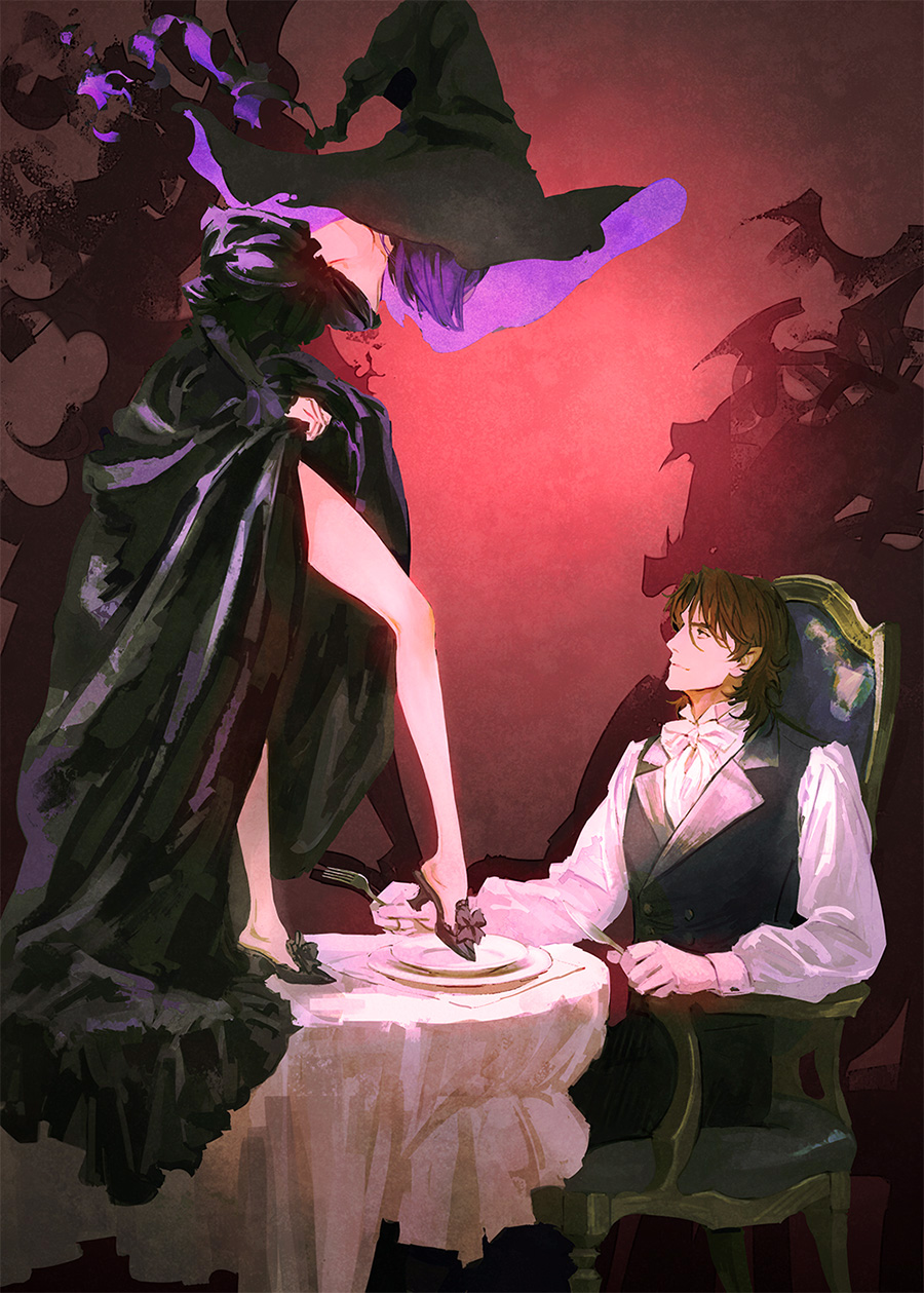 1boy 1girl bare_shoulders black_dress black_footwear black_headwear black_pants black_vest brown_hair chair closed_mouth collar collared_shirt dress feet fork from_side full_body genderswap genderswap_(mtf) grey_background gundam gundam_00 hat high_heels highres holding holding_fork huangdanlan legs lockon_stratos long_sleeves looking_at_another looking_up medium_hair off-shoulder_dress off_shoulder pants parted_bangs plate purple_hair purple_headwear shirt shoes simple_background sitting smile standing table tieria_erde two-tone_headwear vest witch_hat
