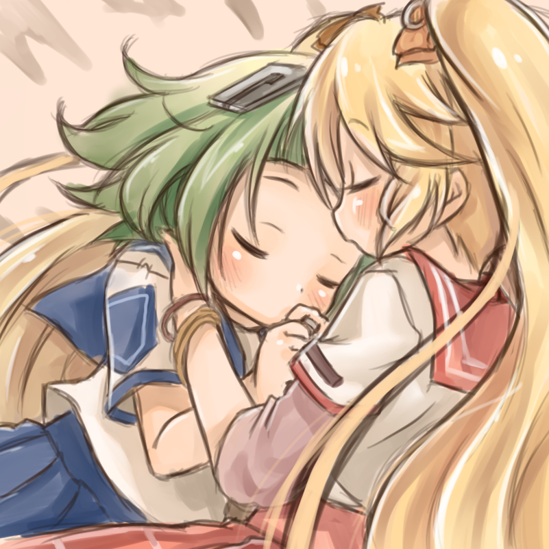 2girls blonde_hair blue_sailor_collar blue_skirt blunt_bangs blush bracelet closed_eyes commentary_request green_hair hug jewelry kamihama_university_affiliated_school_uniform kisaki_emiri layered_sleeves long_hair long_sleeves lying magia_record:_mahou_shoujo_madoka_magica_gaiden mahou_shoujo_madoka_magica minaminagi_liberty_academy_school_uniform miyako_hinano multiple_girls on_side pleated_skirt sailor_collar school_uniform serafuku shirt short_hair short_over_long_sleeves short_sleeves skirt sleeping twintails white_shirt zangetsumaru