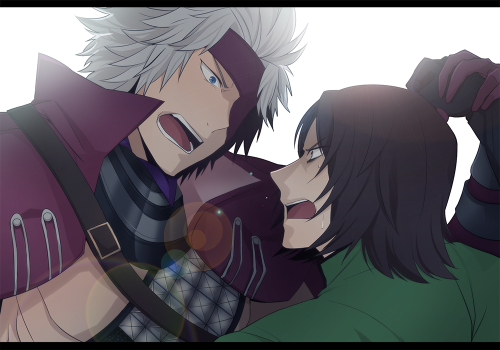2boys black_gloves blue_eyes brown_eyes brown_hair chousokabe_motochika_(sengoku_basara) clenched_hand eye_contact eyepatch fighting gloves grey_hair holding_another&#039;s_wrist lens_flare letterboxed looking_at_another makaron611 male_focus mouri_motonari_(sengoku_basara) multiple_boys portrait purple_gloves sengoku_basara short_hair shouting simple_background sweat v-shaped_eyebrows white_background