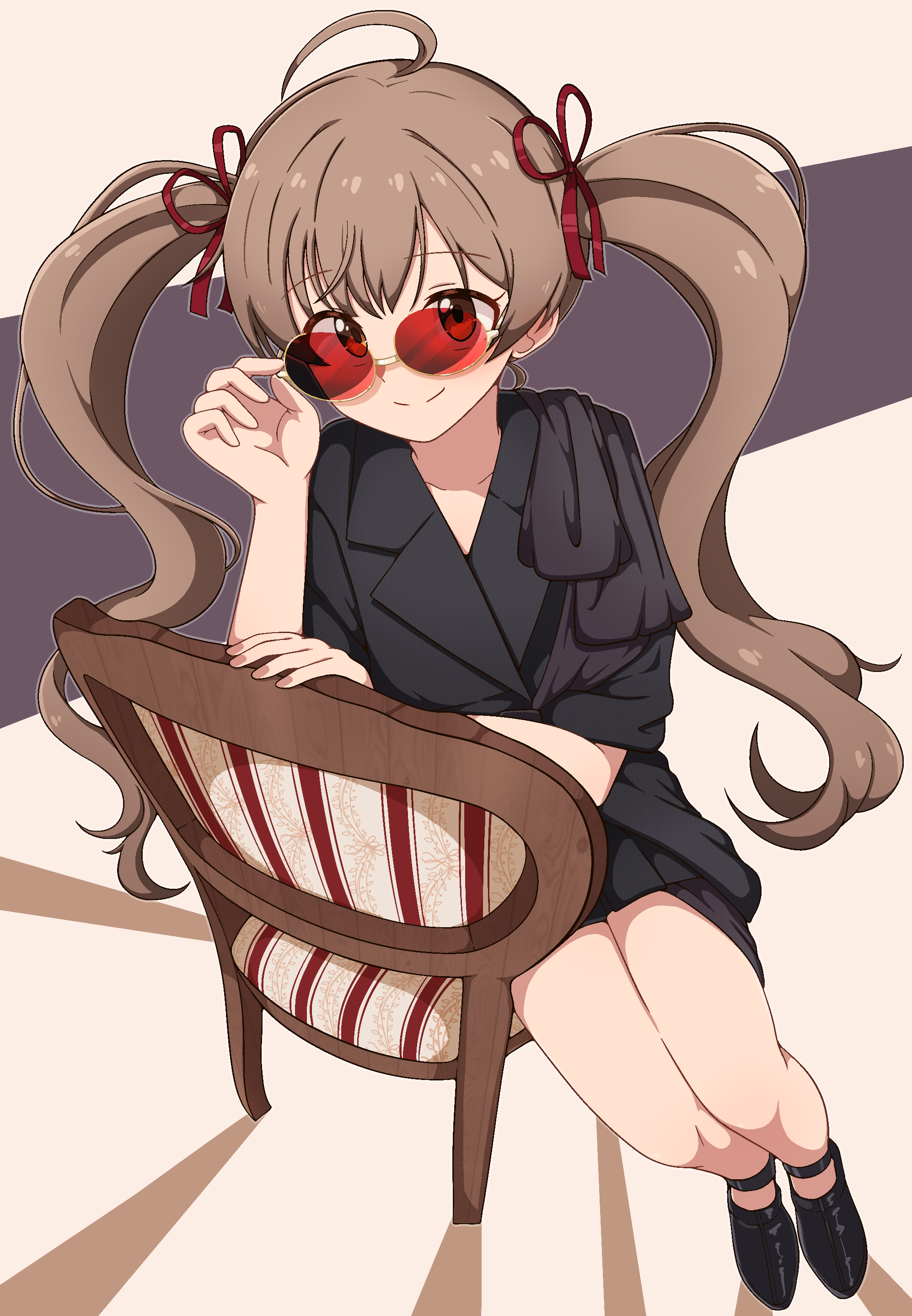 1girl absurdres adjusting_eyewear ahoge black_jacket black_shoes brown_eyes brown_hair closed_mouth collarbone collared_jacket dot_nose eyelashes from_above full_body hair_ribbon hakozaki_serika highres idolmaster idolmaster_million_live! idolmaster_million_live!_theater_days jacket light_smile long_hair looking_at_viewer milliani on_chair red-tinted_eyewear red_ribbon ribbon shoes sidelocks simple_background sitting solo sunglasses tinted_eyewear twintails very_long_hair wavy_hair
