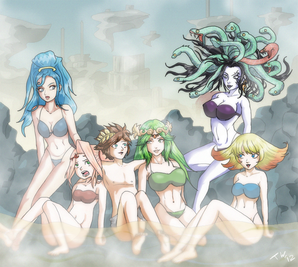 1boy 5girls alternate_costume amazon_pandora bare_shoulders bikini black_hair blonde_hair blue_eyes blue_hair breasts brown_hair cleavage commentary english_commentary flat_chest frown green_eyes grey_eyes kid_icarus kid_icarus_uprising long_hair looking_at_another medusa_(kid_icarus) multiple_girls nintendo onsen open_mouth palutena parted_lips phosphora pink_hair pit_(kid_icarus) ponytail short_hair shorts smile snake snake_hair swimsuit trishbot viridi yellow_eyes