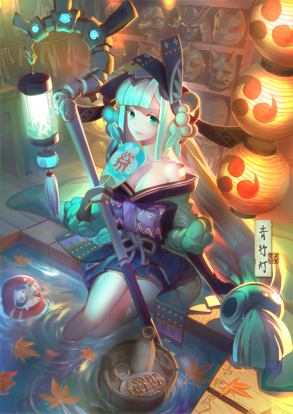 1girl aoandon aqua_eyes autumn_leaves bare_shoulders blunt_bangs breasts bridal_gauntlets bucket cat_mask chopsticks daruma_doll female_focus food hair_ornament hand_fan highres indoors japanese_clothes lantern large_breasts leaf light_smile long_hair looking_at_viewer maple_leaf mask mitsudomoe_(shape) off_shoulder onmyoji onmyouji onsen pale_skin paper_fan paper_lantern ponytail ripples sash shelf sitting soaking_feet solo staff takoyaki tassel tokkuri tomoe_(symbol) translation_request uchiwa very_long_hair water white_hair xiao_duzi