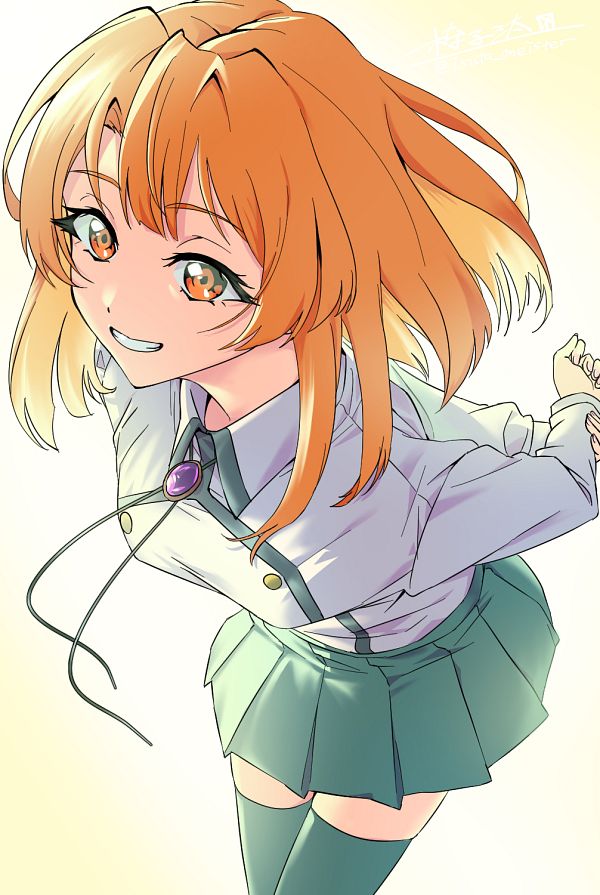 1girl black_skirt black_socks breasts colette_loire female_focus hands_behind isuta_meister jewelry long_hair long_sleeves looking_at_viewer medium_breasts miniskirt open_mouth orange_eyes orange_hair school_uniform shirt skirt smile socks solo thighhighs tsue_to_tsurugi_no_wistoria white_shirt