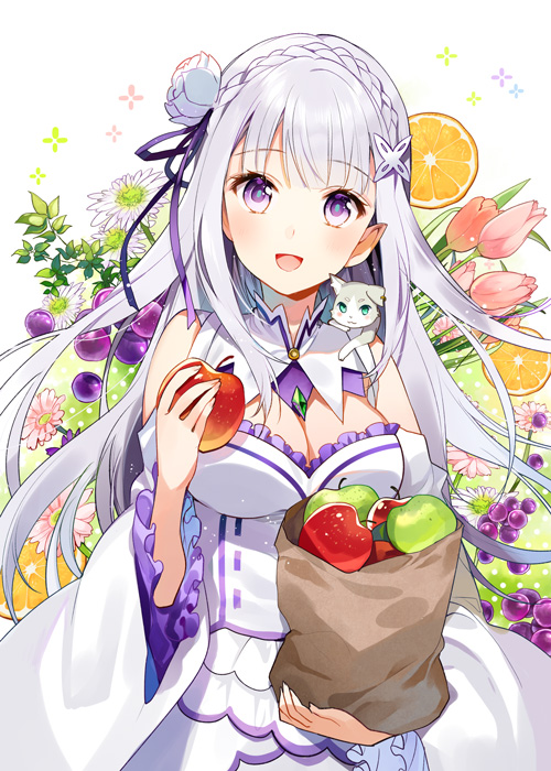 10s 1girl :d apple bag blush braid breasts cleavage crown_braid detached_sleeves emilia_(re:zero) female_focus flower food frilled_sleeves frills fruit grapes hair_flower hair_ornament hair_ribbon hand_up holding holding_food holding_fruit long_hair looking_at_viewer medium_breasts open_mouth orange_(fruit) orange_slice paper_bag puck_(re:zero) purple_eyes purple_ribbon re:zero_kara_hajimeru_isekai_seikatsu ribbon silver_hair smile solo upper_body x_hair_ornament yuzuki_kihiro