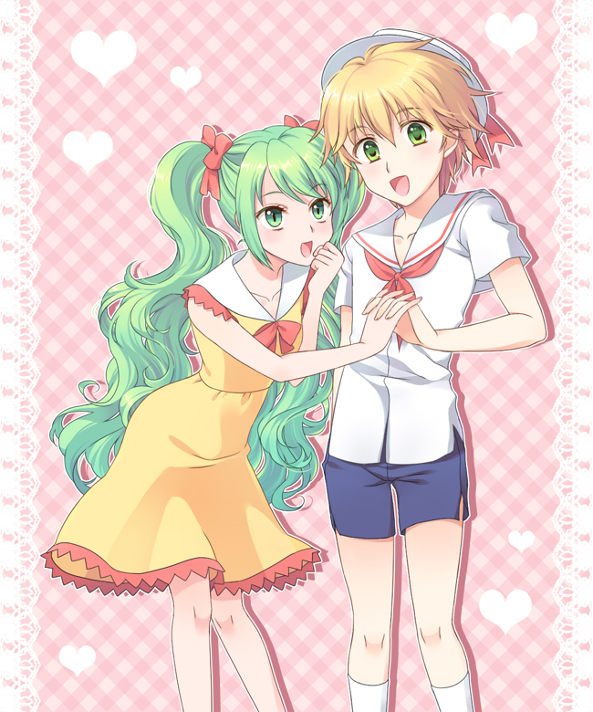 00s 1boy 1girl awayuki_ramika bad_id bad_pixiv_id blonde_hair green_eyes green_hair hat heart heart_hands heart_hands_duo hippo_(mermaid_melody_pichi_pichi_pitch) long_hair mermaid_melody_pichi_pichi_pitch sailor short_hair twintails yuuri_(mermaid_melody_pichi_pichi_pitch)