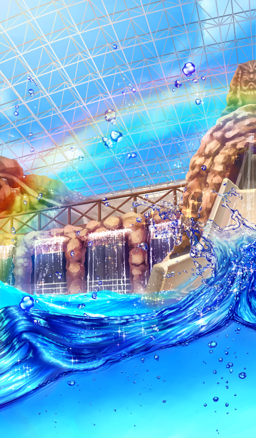 blue_sky blue_theme bubble commentary day fate/grand_order fate/hollow_ataraxia fate_(series) glass_ceiling indoors lasengle no_humans official_art partially_underwater_shot pool rainbow sky sparkle still_life third-party_source water water_slide waterfall
