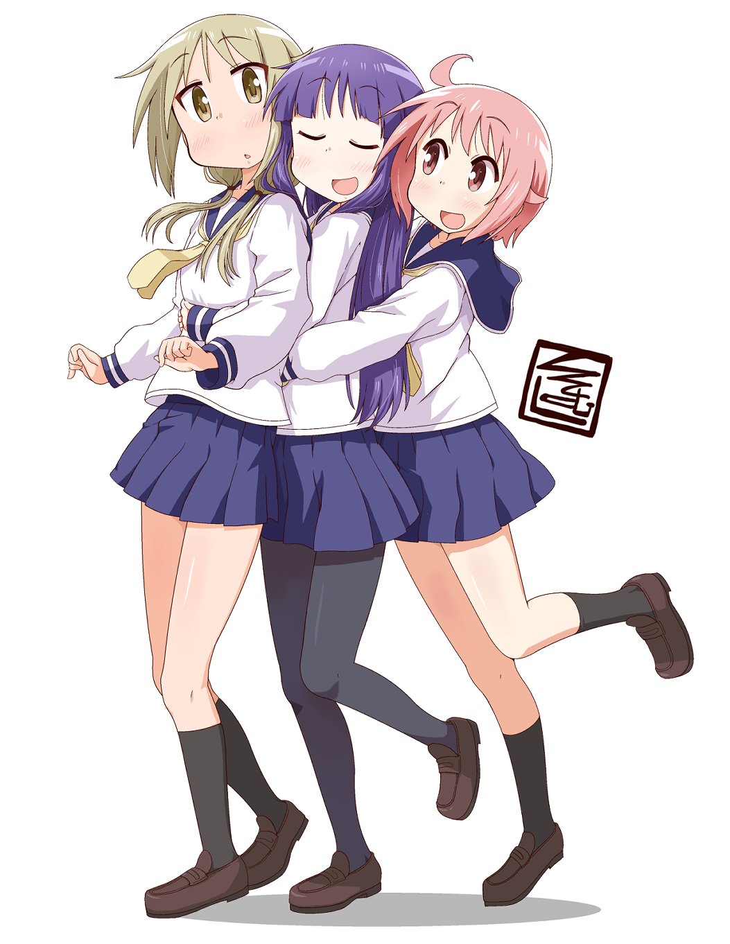 3girls :d ahoge black_pantyhose black_socks blonde_hair blue_sailor_collar blue_skirt blush breasts brown_footwear closed_eyes collarbone commentary_request highres hinata_yukari ichii_yui ki_(adotadot) kneehighs loafers long_hair long_sleeves low_twintails multiple_girls neckerchief nonohara_yuzuko open_mouth pantyhose pink_eyes pink_hair pleated_skirt purple_hair sailor_collar school_uniform serafuku shadow shirt shoes short_hair sidelocks signature skirt small_breasts smile socks twintails very_long_hair white_background white_shirt yellow_eyes yellow_neckerchief yuri yuyushiki yuyushiki&#039;s_school_uniform