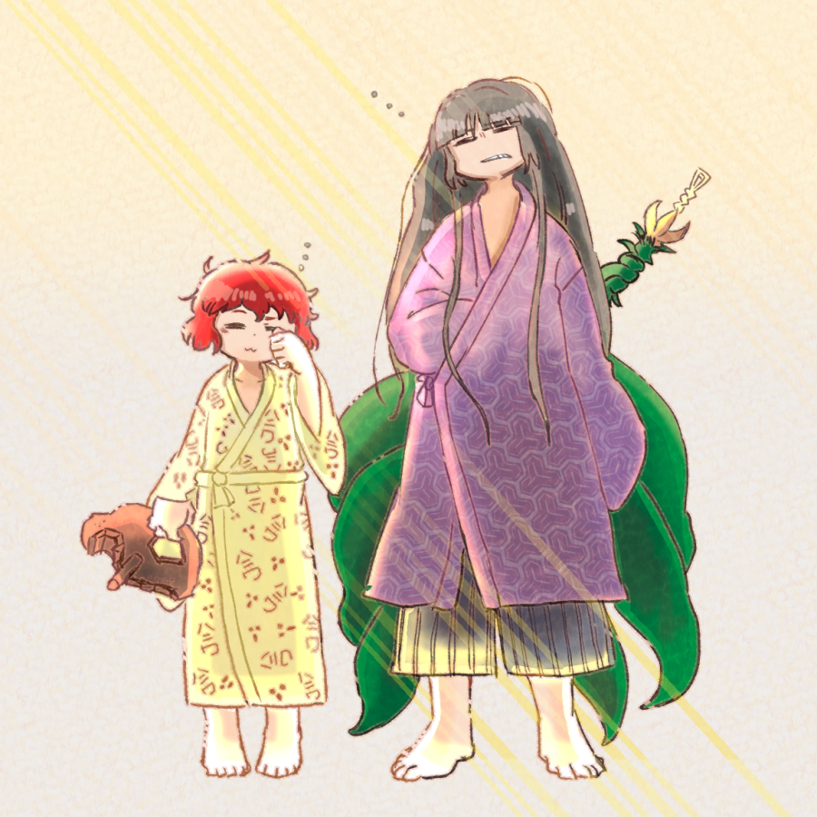 2others adagumo_no_yaorochi alternate_costume androgynous barefoot black_hair blue_pants blunt_bangs bottle_opener brown_headwear chikafumikou clenched_hand clenched_teeth closed_eyes closed_mouth collarbone commentary_request frown hair_down hakama hakama_pants hand_in_clothes haniwa_print height helmet holding holding_helmet japanese_clothes katano_sukune len&#039;en long_hair long_sleeves messy_hair multiple_others multiple_tails obi open_mouth pajamas pants patterned_clothing purple_robe red_hair robe rubbing_eyes sash sidelocks sleeves_past_fingers sleeves_past_wrists smile snake_tail squeans sunlight tail tasouken teeth unworn_headwear white_background wide_sleeves yellow_robe