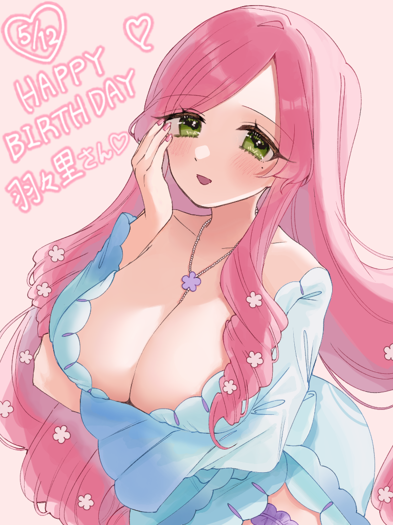1girl :d arm_under_breasts awahuji_miyuki blush breasts character_name cleavage collarbone commentary_request dated dress eyes_visible_through_hair female_focus flower green_eyes hair_flower hair_ornament hanazono_hahari hand_on_own_cheek hand_on_own_face happy_birthday heart huge_breasts jewelry kimi_no_koto_ga_dai_dai_dai_dai_daisuki_na_100-nin_no_kanojo leaning_forward long_hair long_sleeves looking_at_viewer mature_female mole mole_under_eye necklace open_mouth parted_bangs pendant pink_background pink_hair simple_background smile solo very_long_hair white_dress wide_sleeves
