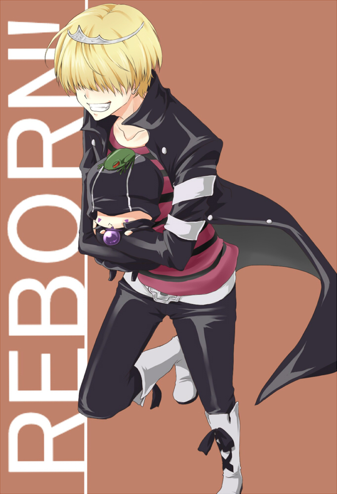 2boys bad_id bad_pixiv_id belphegor_(reborn) blonde_hair boots commentary_request grin hair_over_eyes hat katekyo_hitman_reborn! male_focus mammon_(reborn) multiple_boys nakamu_405 shirt simple_background smile striped_clothes striped_shirt tiara