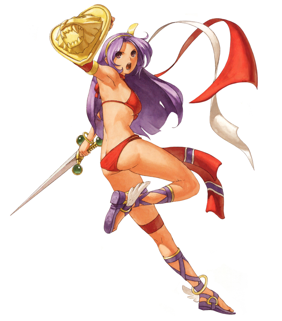 1girl armpits ass athena_(series) bikini breasts butt_crack long_hair neo_geo_battle_coliseum official_art ogura_eisuke princess_athena purple_eyes purple_hair red_bikini shield simple_background snk solo swimsuit sword weapon