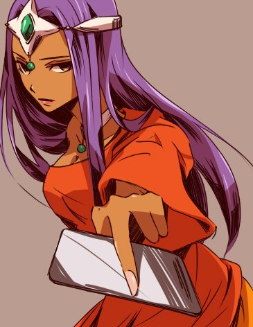 1girl asymmetrical_dress between_fingers breasts brown_eyes card card_between_fingers circlet cleavage cowboy_shot dark-skinned_female dark_skin dragon_quest dragon_quest_iv dress expressionless fingernails forehead_jewel gem green_gemstone holding holding_card jewelry long_hair long_sleeves looking_at_viewer lowres minea_(dq4) neck_ring orange_dress pink_nails purple_hair single_bare_shoulder single_sleeve solo takamoriwako