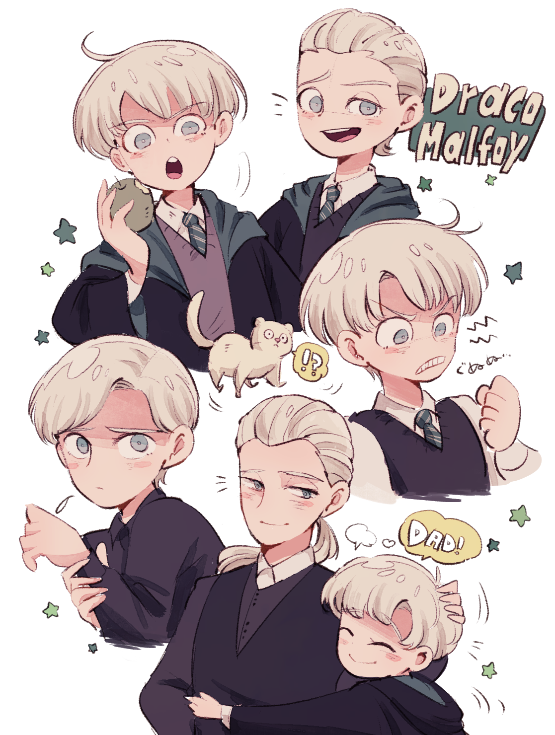 2boys aged_up amazou apple black_robe blonde_hair blue_eyes draco_malfoy father_and_son food fruit green_apple harry_potter_(series) harry_potter_and_the_cursed_child harry_potter_and_the_deathly_hallows harry_potter_and_the_philosopher's_stone highres hogwarts_school_uniform long_hair multiple_boys necktie ponytail robe school_uniform scorpius_malfoy short_hair slytherin striped_neckwear wizarding_world
