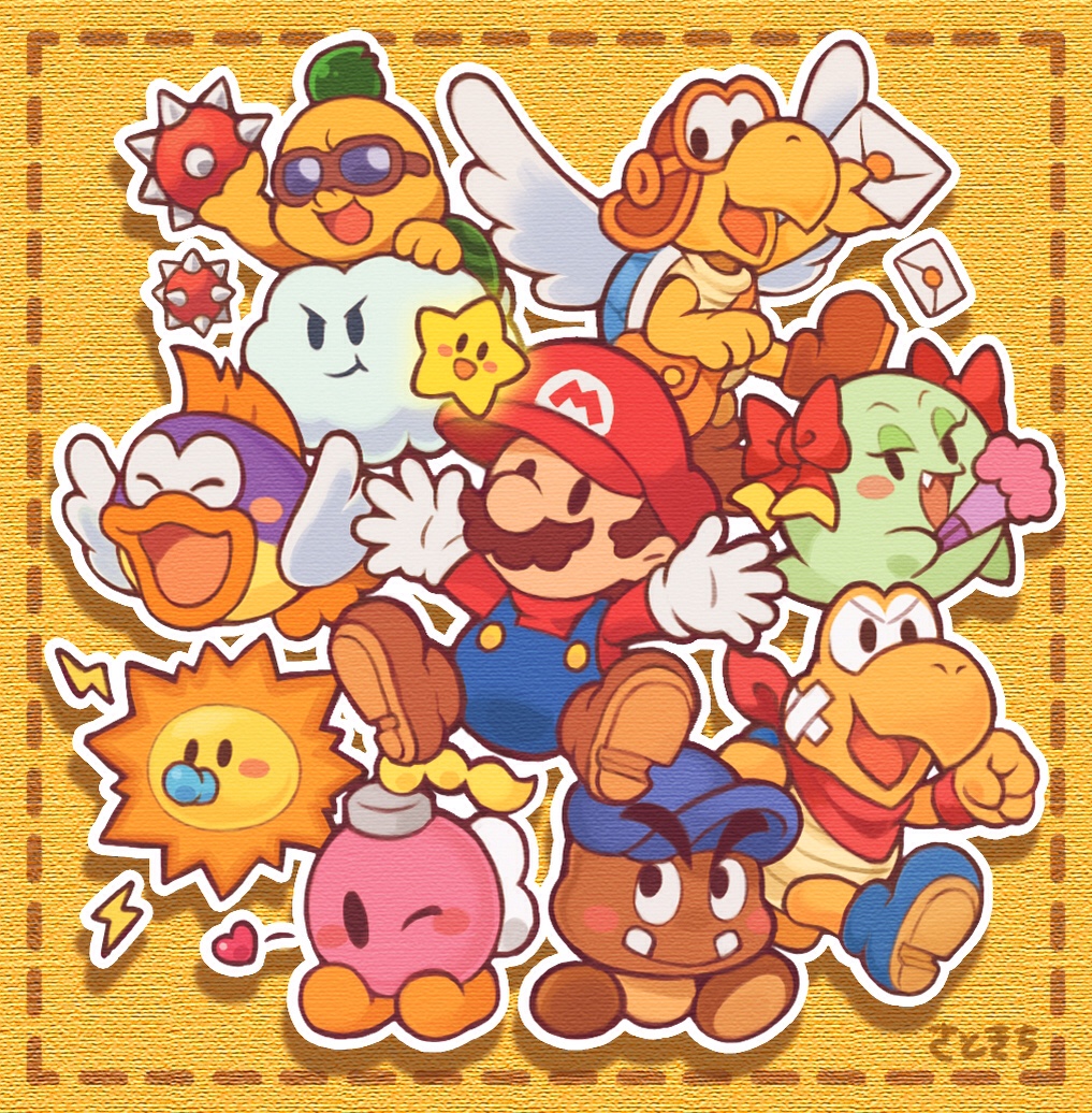 4girls 5boys :d ^_^ arm_up arms_up artist_name aviator_cap aviator_goggles bag bandaid bandaid_on_cheek bandaid_on_face bandana bandana_around_neck baseball_cap black_eyes blonde_hair blue_footwear blue_hat blue_overalls blush blush_stickers bombette bow bow_(paper_mario) braid brown-framed_eyewear brown_bag brown_footwear brown_hair brown_hat clenched_hand closed_eyes closed_mouth cloud commentary_request crossed_bandaids envelope eyelashes facial_hair fang folding_fan gloves goggles goombario green_hair hair_bow hand_fan hat heart holding holding_envelope holding_fan kooper lakilester lightning_bolt_symbol long_sleeves looking_at_viewer mailbag mario mario_(series) multiple_boys multiple_girls mustache nintendo one_eye_closed open_mouth outline outstretched_arm overalls pacifier paper_mario paper_mario_(character) paper_mario_64 parakarry red_bandana red_bow red_hat red_shirt satokichi shirt shoes short_hair simple_background single_braid smile solid_oval_eyes spiked_ball star_(symbol) sunglasses sushie teeth twink_(paper_mario) v-shaped_eyebrows watt_(paper_mario) white_gloves white_outline white_wings wings wink_heart wristband yellow_background
