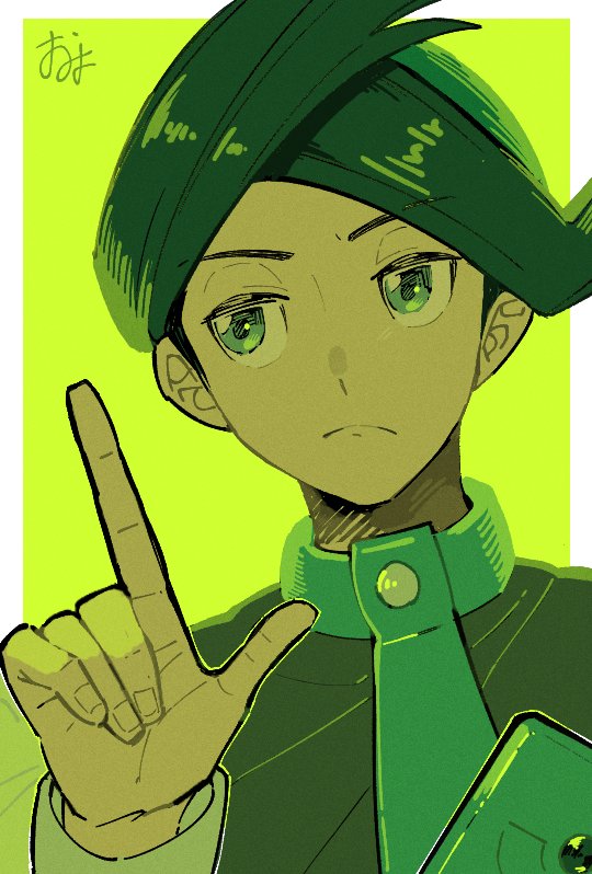 1boy black_hair border buttons closed_mouth commentary_request frontier_brain frown green_eyes green_hair green_necktie half-closed_eyes hand_up index_finger_raised long_sleeves male_focus multicolored_hair necktie nintendo omyo_(myomyomyo22) outside_border pokemon pokemon_dppt pokemon_platinum solo thorton_(pokemon) two-tone_hair upper_body white_border