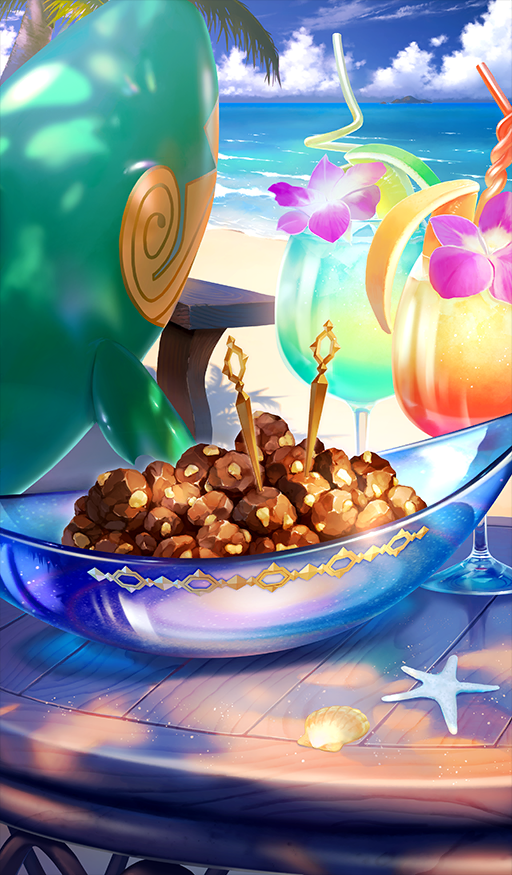 beach blue_sky chocolate chocolate_river_no_sono_saki_ni cloud commentary_request crazy_straw dappled_sunlight day drinking_straw fate/grand_order fate_(series) flower flower_request food food_focus horizon inflatable_toy kouta_(lasengle) no_humans ocean official_art outdoors pink_flower sand seashell shell sky starfish still_life sunlight third-party_source tropical_drink water