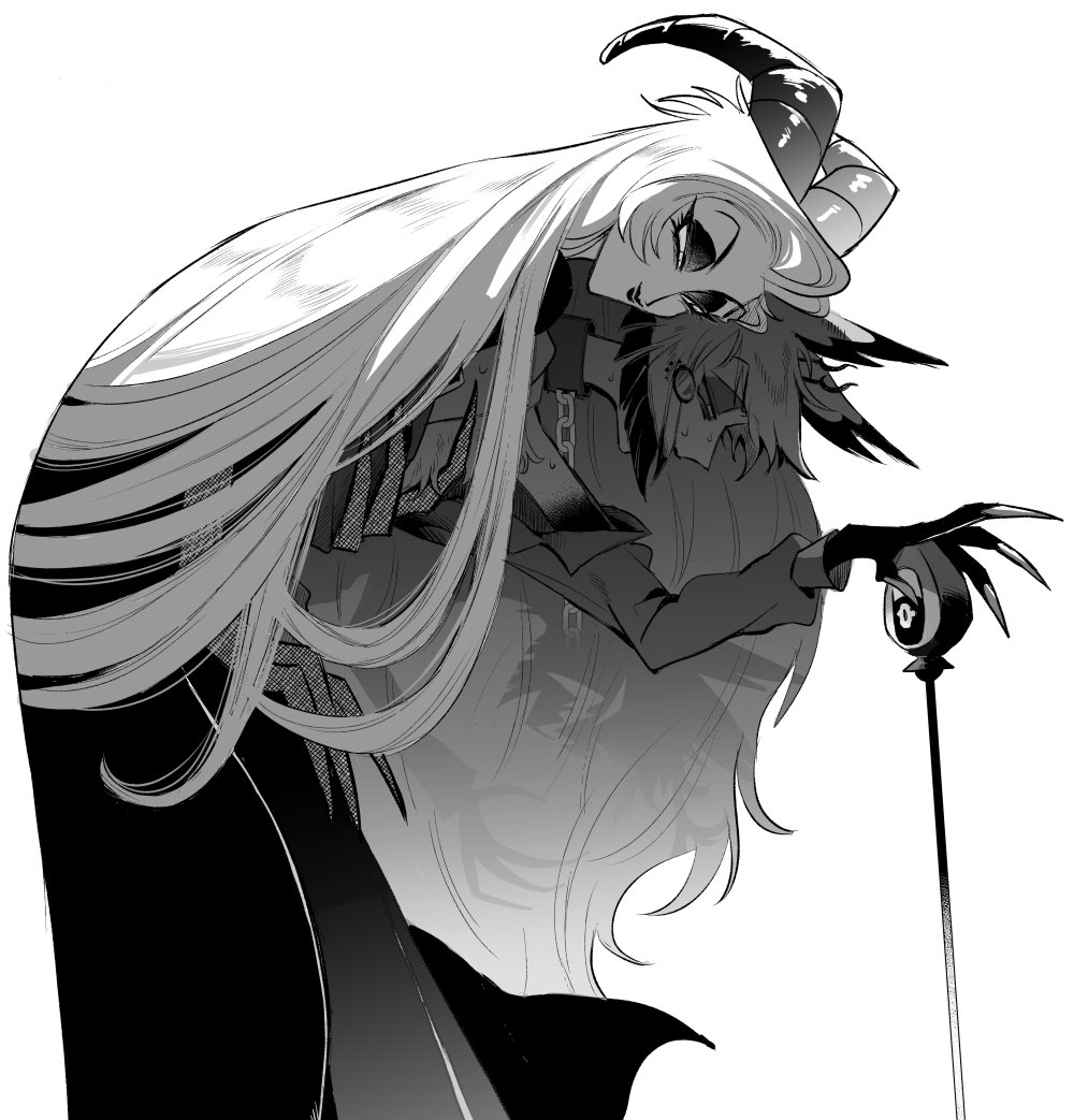 1boy 1girl alastor_(hazbin_hotel) chain chain_leash demon_boy demon_girl formal_clothes greyscale hazbin_hotel leash lilith_(hazbin_hotel) long_hair monochrome suit syokup teeth very_long_fingernails very_long_hair