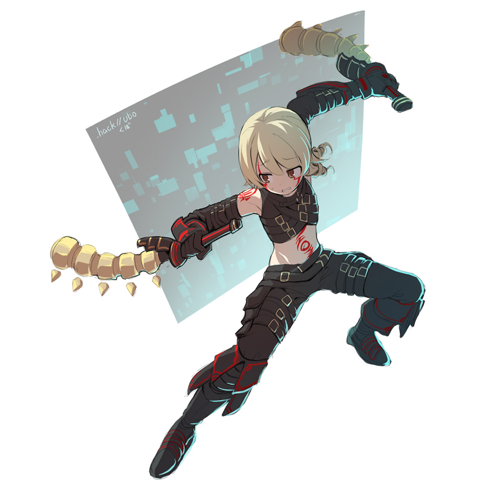 .hack// .hack//g.u. 1girl black_gloves black_pants black_shirt black_sleeves brown_eyes brown_hair cosplay crop_top detached_sleeves full_body gloves haseo_(.hack//) haseo_(.hack//)_(cosplay) holding idolmaster idolmaster_cinderella_girls long_hair long_sleeves midriff morikubo_nono navel pants revision ringlets shirt sleeveless sleeveless_shirt solo uccow