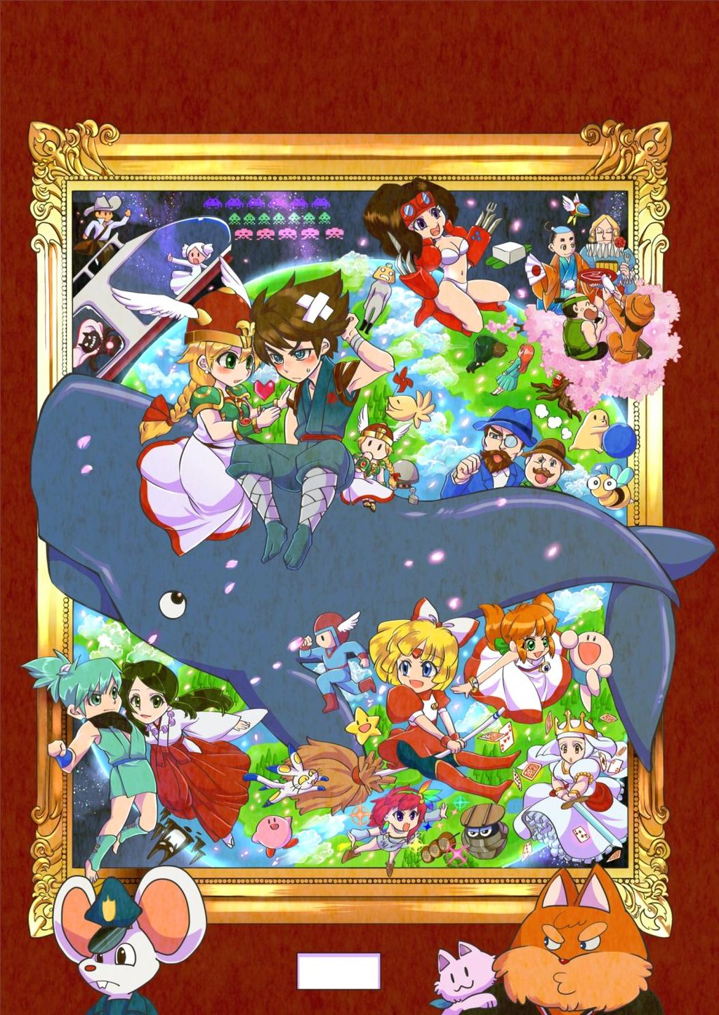 armor beard black_hair blonde_hair blush boots bow braid breastplate broom brown_hair card character_request cherry_blossoms commentary_request copyright_request facial_hair fantasy_zone food green_eyes green_hair hair_bow hat helmet highres holding holding_sword holding_weapon japanese_clothes kirby kirby_(series) miko monocle multiple_boys multiple_girls mustache namco_x_capcom nintendo opa-opa orange_hair playing_card police_hat project_x_zone_2 rainy_hanyu_bridge red_bow red_hair school_uniform skirt space_invaders strider_(video_game) strider_hiryuu sword tree valkyrie_(vnd) valkyrie_no_densetsu weapon whale winged_helmet