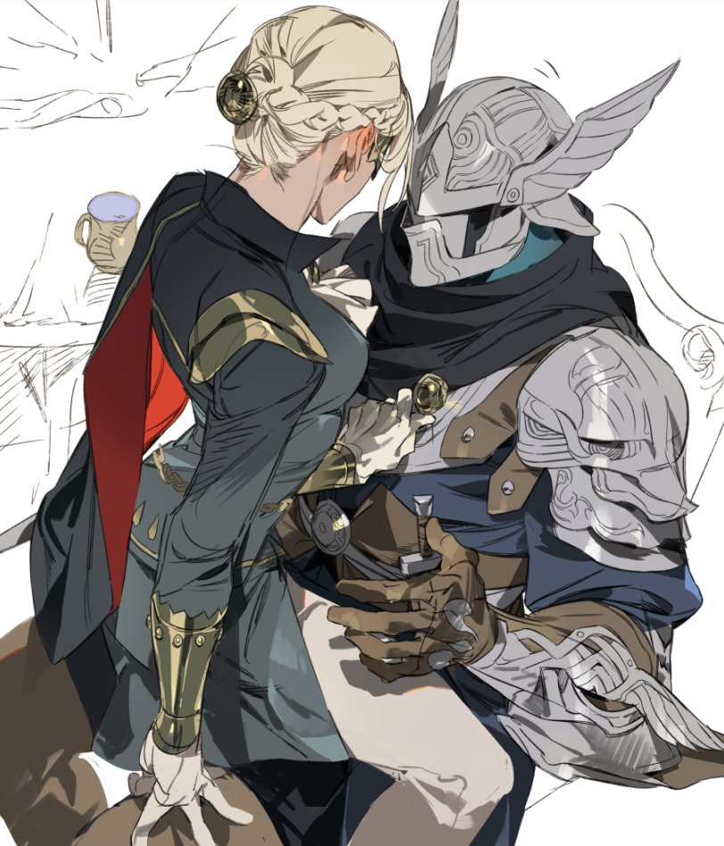 1boy 1girl armor ascot blindfold blonde_hair braid brother_and_sister duchess_(elden_ring) elden_ring elden_ring_nightreign eye_mask full_armor genichiro_cute girl_on_top hat_over_eyes helmet pauldrons shoulder_armor siblings sitting sitting_on_person white_ascot winged_helmet wylder_(elden_ring)