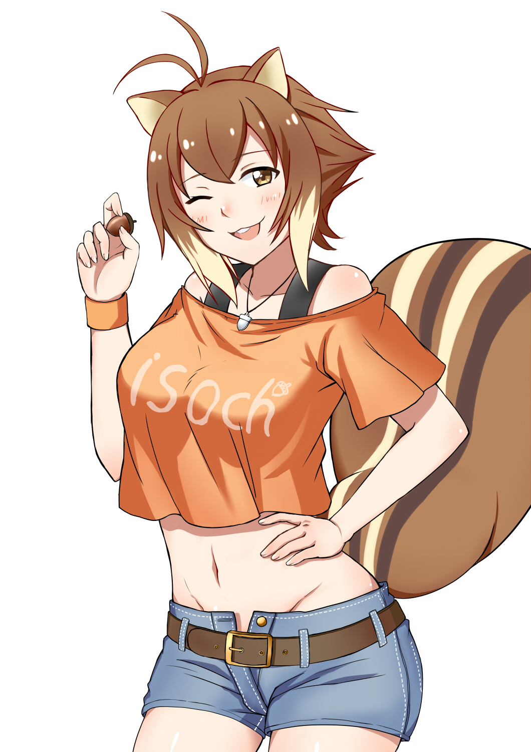1girl ;3 ;d acorn alternate_costume animal_ears antenna_hair belt blazblue blush brown_eyes brown_hair buck_teeth casual clothes_writing crop_top crop_top_overhang female_focus hand_on_own_hip highres jewelry makoto_nanaya midriff naginoya navel necklace one_eye_closed open_fly open_mouth orange_shirt pendant pun shiny_skin shirt short_hair short_shorts shorts smile solo squirrel_ears squirrel_tail tail teeth unzipped wristband